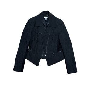 Cache Textured Jacquard Moto Jacket 6 Black Motorcycle Biker Blazer Zips